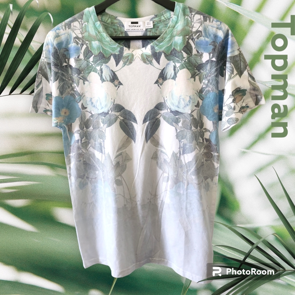 Topman Printed Tee Floral Leaf Print White Green Blue Size XS GUC